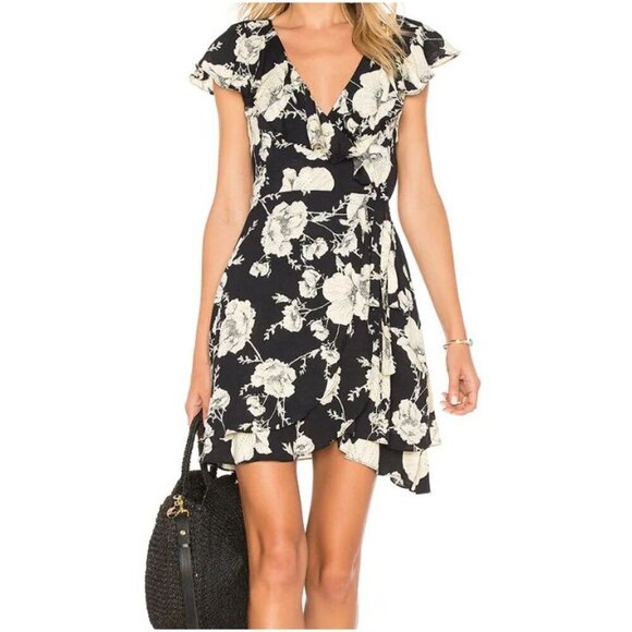 Free People French Quarter Black & Ivory Floral Ruffle Wrap Mini Dress Size S - Picture 3 of 8